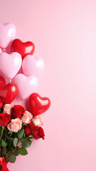 Heart shaped pink and red balloons with bouquet of red and pink roses on pastel background create romantic and festive Valentine atmosphere