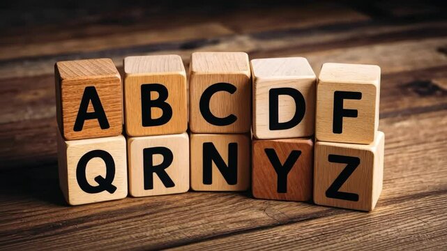 Wooden alphabet blocks spelling letters ABCDF QRNYZ on rustic wood surface for education learning.