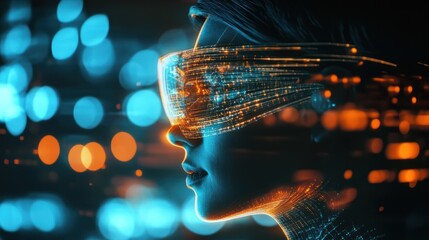 A person wears a futuristic data stream visor on their head