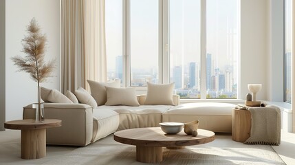 Elegant Scandinavian Style Living Room Interior with Modern Furniture and City View Through Large Window, Minimalist Home Decor Concept in Neutral Tones, Cozy Lounge Space for Interior Design Project 