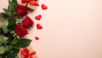 Red roses bouquet with gift boxes and small hearts on pastel background, romantic Valentine’s Day flat lay, copy space for text, love, affection, romantic gift idea, special celebration concept