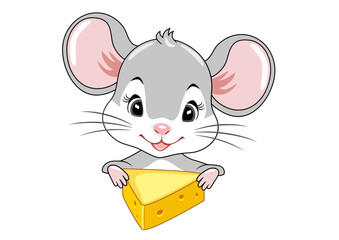 Cute peeking baby mouse with a piece of cheese