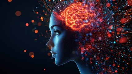 A woman showing brain activity with digital particle effects