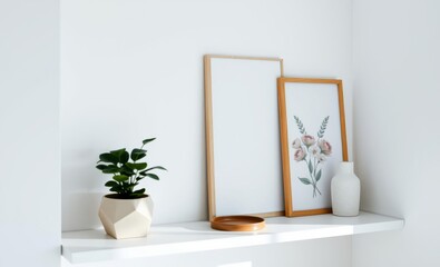 A minimalist haven a canvas of white walls adorned with a vertical wooden photo frame and a geometric pot cradling a vibrant green plant  A cozy corner bathed in natural light where accessories ad