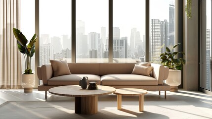 Elegant Scandinavian Style Living Room Interior with Modern Furniture and City View Through Large Window, Minimalist Home Decor Concept in Neutral Tones, Cozy Lounge Space for Interior Design Project 