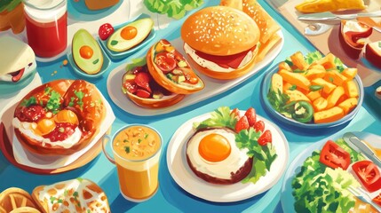 A Colorful Overhead View of Various Delicious Dishes