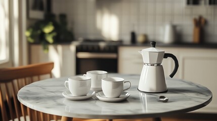 Coffee maker and cups set on a marble table in kitchen