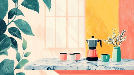 An illustrated kitchen scene featuring coffee and a houseplant