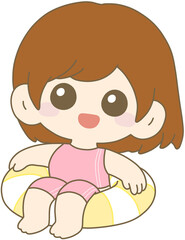 Fototapeta premium Cute Girl with Swim Ring, Summer Kids Character, Water Play Illustration 물놀이 튜브 여자아이, 여름 캐릭터, 아이 일러스트