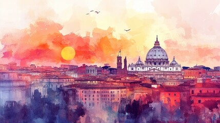 Artistic rendition of a city skyline with a sunset in the background