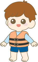 Boy Wearing Orange Life Jacket, Summer Water Safety 남자아이, 구명조끼, 안전, 물놀이, 여름휴가