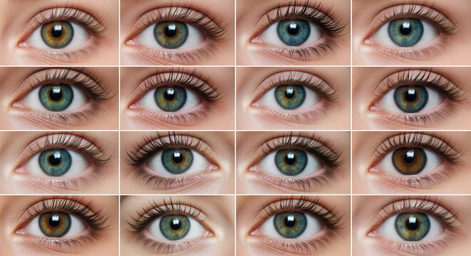 A grid of close-up images displays multiple human eyes with varying iris colors, including brown, green, and blue, highlighting diversity and the intricacies of the human gaze.
