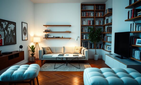 A minimalist haven where a sleek design table nestled amidst a plush sofa and a stylish lamp cast a warm glow White walls adorned with floating shelves showcasing a curated collection of books and m