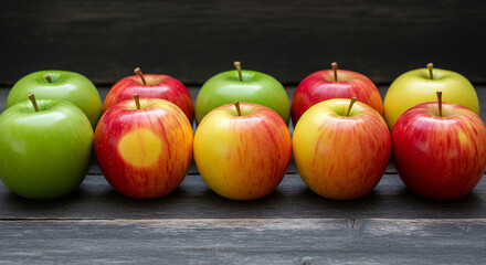 A colorful row of fresh apples, alternating between green, red, and striped varieties, sits on a dark wooden surface, showcasing their natural beauty.
