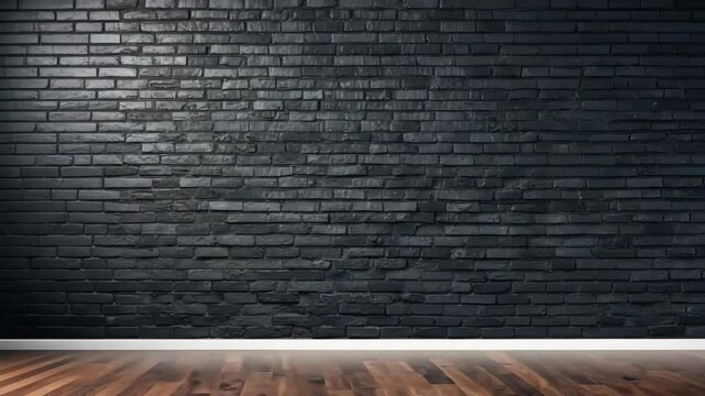 Dark brick wall background with wood floor. Interior design brick and wood.