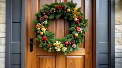 Festive Christmas wreath adorning wooden door with ornaments and pine cones, holiday home decoration, evergreen branches, holiday spirit. - Powered by Adobe