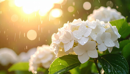 White hydrangea flower with water droplets glistening in gentle rain, soft sunlight background, lush green leaves, fresh and serene outdoor garden scene