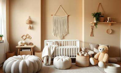 A cozy and stylish Scandinavian-inspired newborn baby room bathed in the soft glow of beige walls Natural toys hanging macrame wall decor a plush pouf adorable plush animals and teddy bears and 