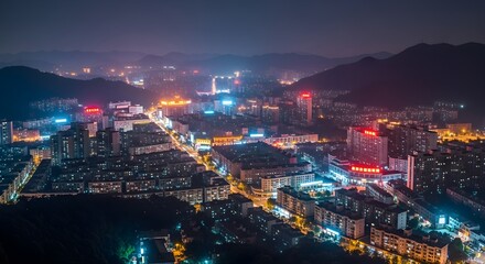 Fototapeta premium Cityscape at night, vast urban skyline surrounded by hills