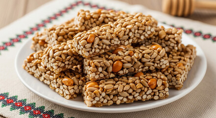 A delectable pile of traditional sunflower seed and peanut brittle bars is beautifully presented on a white plate with a patterned cloth, inviting a sweet and crunchy treat.
