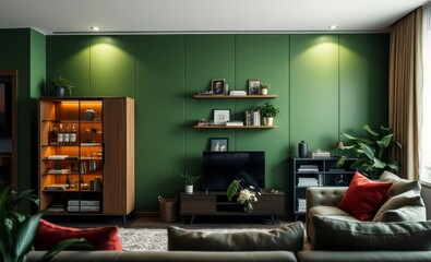 A stylish and modern living room adorned with a design liquor cabinet vibrant plants elegant books and personal accessories A sleek green wall paneling houses a shelf adding to the contemporary 