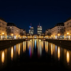 Fototapeta premium City canal at night, urban skyline reflection with illuminated buildings