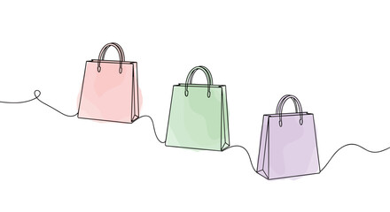 Pastel Shopping Bags – one line doodle drawing with watercolor fill, minimalistic vector illustration on white background