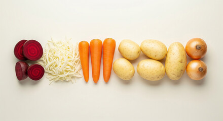 A neatly arranged row of fresh root vegetables, including sliced beetroot, shredded cabbage, carrots, potatoes, and onions, on a clean white background, highlights healthy cooking ingredients.
