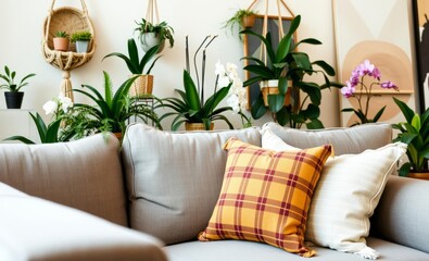 A bohemian haven awaits where a plush gray sofa cradles a throw pillow adorned with the honeyed hues of a plaid pattern  A symphony of plants from lush ferns to delicate orchids adds a touch of ve