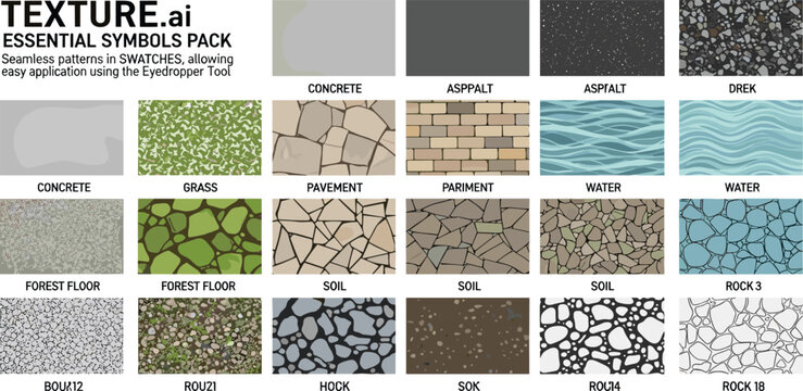 Vector pattern texture cad set for landscape architecture. Includes concrete, asphalt, grass, pavement, water, gravel, soil, forest, and stone surfaces.
