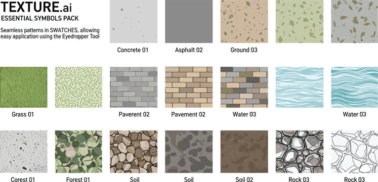 Vector pattern texture cad set for landscape architecture. Includes concrete, asphalt, grass, pavement, water, gravel, soil, forest, and stone surfaces.