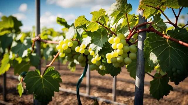 Close-up of vineyard rows with grapes and leaves on sunny day, grape harvest, agriculture, fruit, food, outdoor.