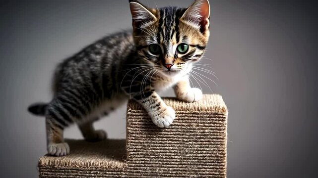 Cute tabby kitten exploring a sisal scratching post, playful pet feline indoor