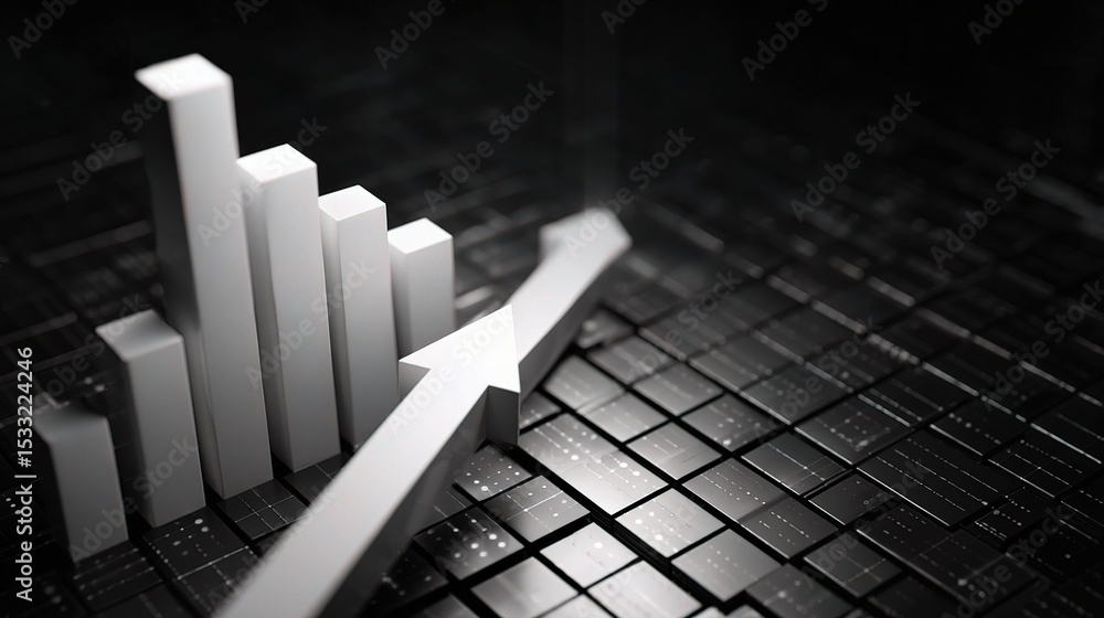 Poster monochrome 3d bar graph with arrow on grid background
