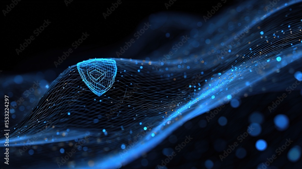 Poster abstract blue tech background with shield icon and digital patterns