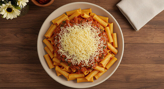 Traditional Brazilian Macarronada with Rich Tomato Sauce and Grated Cheese on Rustic Table