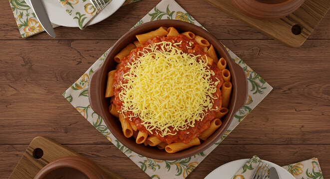 Traditional Brazilian Macarronada with Rich Tomato Sauce and Grated Cheese on Rustic Table
