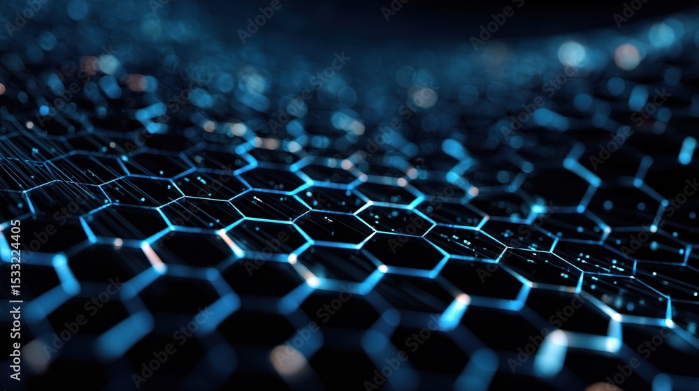 Poster futuristic honeycomb structure with streaming data and binary patterns