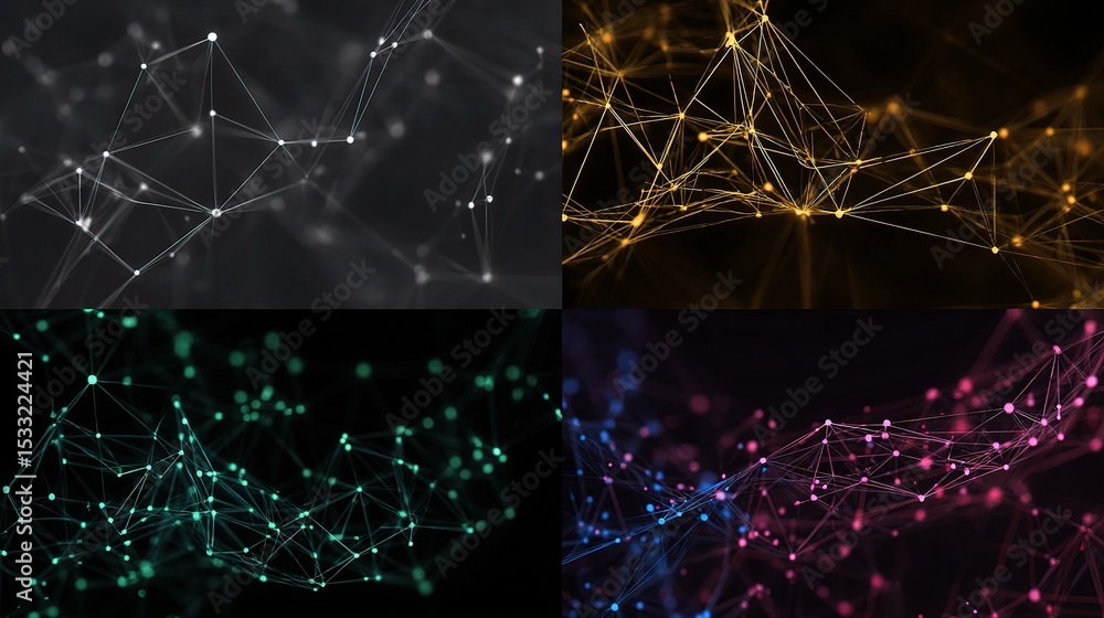 Poster set of four isolated tech mesh backgrounds with vivid colors