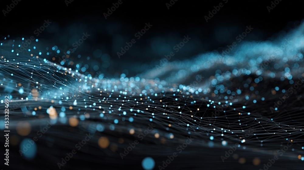 Poster futuristic 3d grid surface with floating data particles and effects
