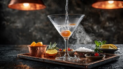 Obraz premium Martini pour with visible stream flowing into crystal glass accompanied by premium garnishes