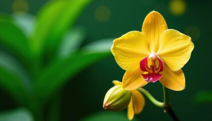 Vibrant yellow & orange orchid blooms nestled amongst lush green tropical foliage , closeup, exotic