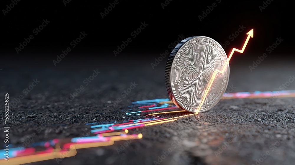 Poster abstract neon coin on graph with arrow representing growth