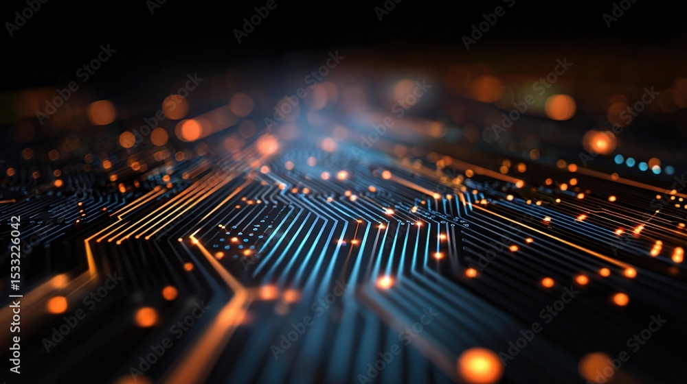 Poster abstract layered digital circuit board motif with illuminated elements