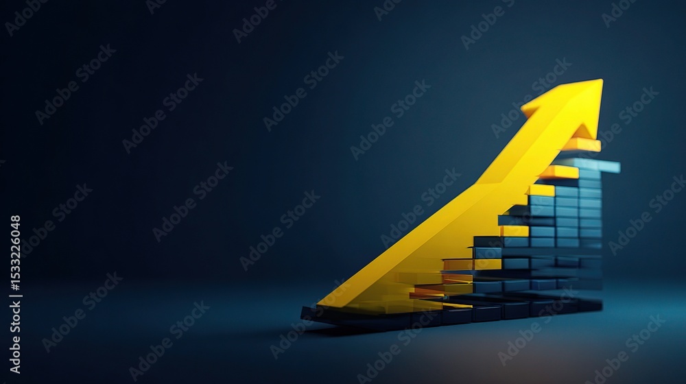 Poster bold yellow arrow climbing up 3d steps in a futuristic rendering