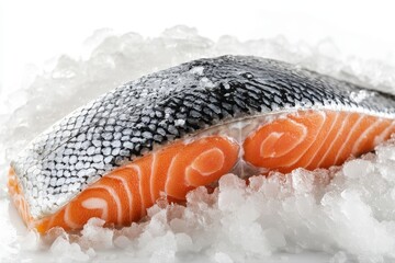 Raw salmon fillet on crushed ice showing skin and marbled texture