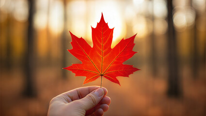 Hand holding vibrant red maple leaf against autumn forest background  