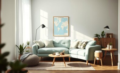 A minimalist haven of Scandinavian design awaits In a living room bathed in natural light a plush mint sofa anchors the space its curves softened by the organic textures of a mock-up poster map po
