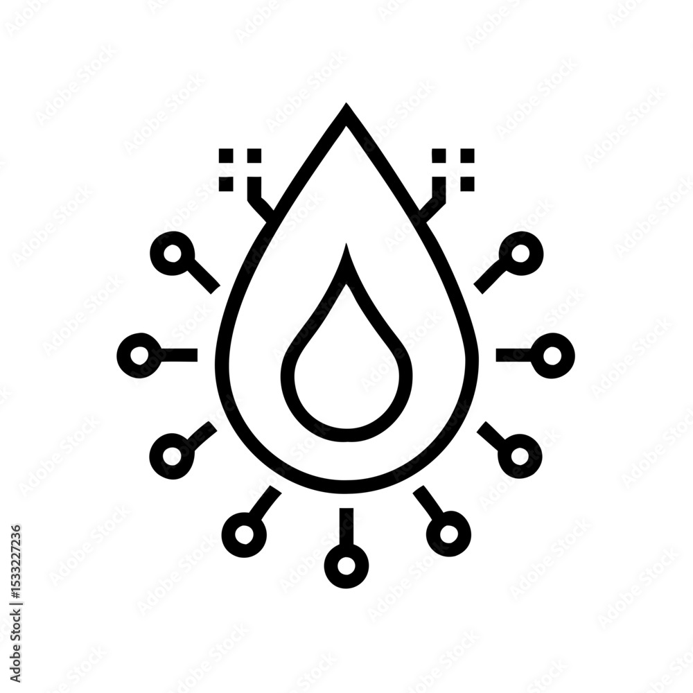 Poster digital water droplet with technology elements in outline style - concept of outline icon