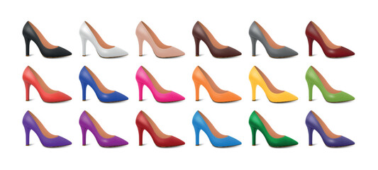Obraz premium Vector 3d Realistic High Heel Shoes Set in Multiple Colors. Fashion Womens Stiletto Heels Collection for Style Design, Bridal Accessories, Elegant Outfit, Boutique, Glam Looks, Footwear Icons